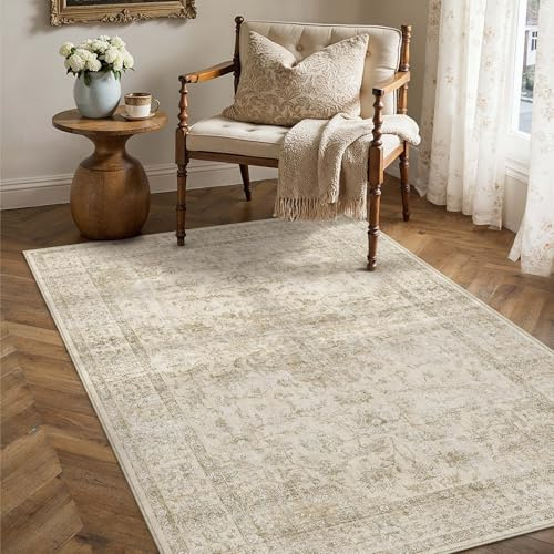 PureCozy Vintage Teppich Wohnzimmer 80x150cm Beige Waschbar Groß Teppiche | Retro Teppich,Waschbar,Rutschfest,Weich Kurzflor,für Schlafzimmer,Esszimmer,Büro Rug