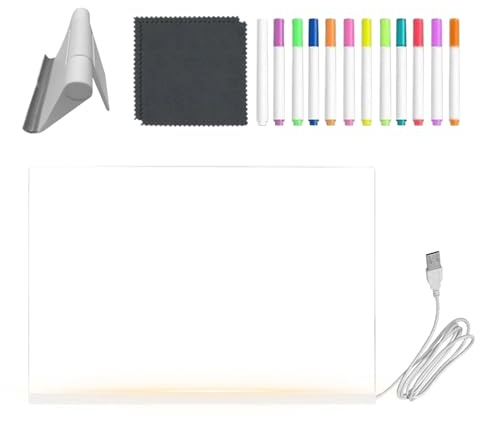 DzpKrka Zeichentafel für | Whiteboard aus transparentem Acryl – LED-Tafel trocken abwischbar mit 12 farbigen Stiften und faltbarem Ständer – für Mädchen, Jungen, Geburtstag, Zeichnen, Klasse