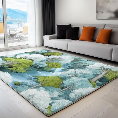 Teppich Kinderzimmer Junge Mädchen 160 x 230 cm - Kinderteppich für Spielzimmer Jugendzimmer - Waschbar Innen rutschfest Teppich mit Moderner Natürlicher Wald Bach, Mehrfarbig