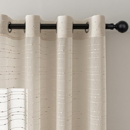 MYSKY HOME Vorhang Gardinen mit Ösen Voile Vorhänge Kinderzimmer Gardine Wohnzimmer 2er Set Modern Weiss Streifen Ösenschal Transparent Dekoschal für Schlafzimmer H 240 x B 140, Beige