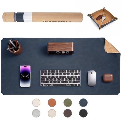 PROMATTOO Faux Leather Desk Mat with Valet Tray, Non-Slip Waterproof Desk Pad, Cork-Effect Printed Backing, Desk Protector with Gift Tube for Office & Home(Navy Blue)