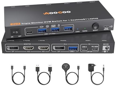 3 Monitore KVM Switch fur1 Laptop 1 Desktop,2 PC Triple Monitore MST USB C HDMI DP KVM Switch Teilen 4 USB Device Maus, Tastatur, 100W PD, 1080P/4K@60Hz, Wired Remote, Power Adapter