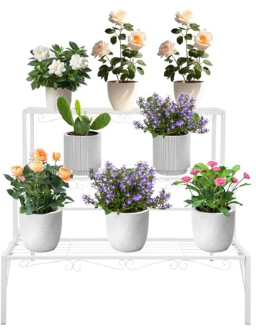 Supporto per piante a 3 livelli in metallo in stile scala, grande espositore per vasi da fiori, supporto per piante a piantana con capacità di carico 20 kg, 70 × 58 × 60 cm, espositore per piante per