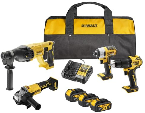 DEWALT Kit Combo 18V 4PC (trapano avvitatore compatto, avvitatore ad impulsi, martello rotante 18V SDS-Plus, smerigliatrice angolare 125mm) con 3 batterie 4Ah in borsa morbida, DCK424M3-QW