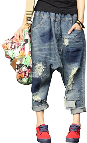 Youlee Damen Elastische Taille Zerstört Denim Jeans Haremshose , Einheitsgröße, Style 2