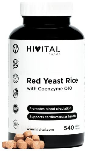 Lievito di Riso Rosso fermentato con Coenzima Q10. 540 compresse vegane per 18 mesi di trattamento. Realizzato con Lievito di Riso Monascus Purpureus. Prodotto in Europa da HIVITAL