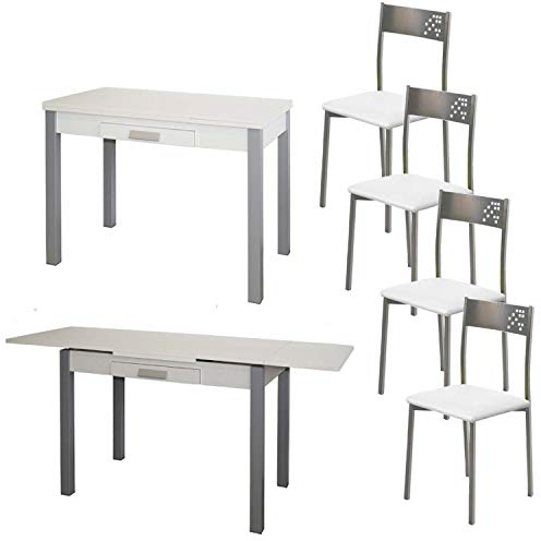 MOMMA HOME Conjunto de Mesa y 4 Sillas Color Blanco - Ideal para Cocina - Mesa Extensible Modelo Silanta, Silla Modelo Tabarca - con Encimera de Madera - Sillas en Polipiel - Diseño Moderno