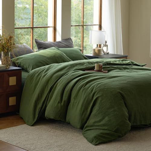 SIJO Premium Stone Washed Organic French Linen Duvet Cover, GOTS Certified Organic, Small Batch Sourced from Normandy, Best Cooling Linen Sheet Award by Sleep Foundation (Forest, Full/Queen)