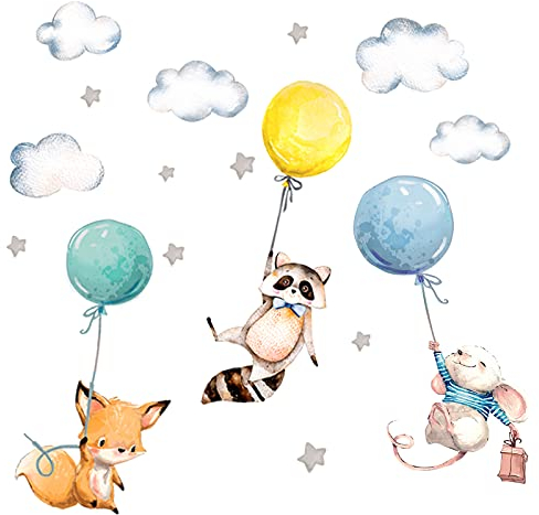 Little Deco Wandtattoo Wandsticker Kinderzimmer Tiere Waschbär Fuchs Wandaufkleber Aufkleber Babyzimmer Spielzimmer Sterne Deko Maus Baby Junge Mint DL206-27