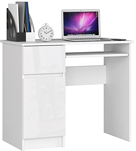 AKORD Bureau Piksel avec Tablette Coulissante Clavier | Simple avec Rangement | 1 Tiroir et 1 Compartiment avec Porte | Table d’Ordinateur | L90xH77xP50cm | Blanc/Blanc Brillant