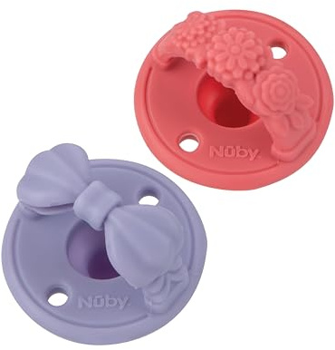 Nuby 3-D Sili Schnuller mit weichem Griff und zwei Sicherheitsluftlöchern, 2er-Pack, ab 0 Monaten, lila Schleife und rosa Blumen