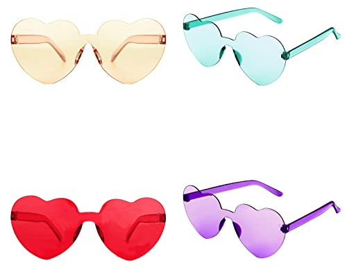 KINBOM 4 Stück Herz Brillen Set, Transparente Bonbonfarbe Rahmenlose Sonnenbrille Partybrille für Frauen Mädchen bei der Pool Geburtstagsfeier Party (Durchscheinendes Grün, Orange, Lila, Rosenrot)
