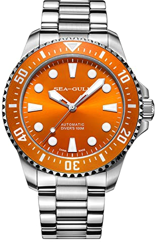 SEAGULL Herren-Armbanduhr, modisch, automatisch, mechanisch, 100 m, wasserdicht, Taucheruhr, Saphir-Kristall, Business-Armbanduhr, Orange, Armband