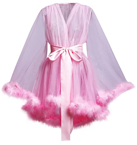 BPURB Accappatoio da donna in tulle con piume, per servizi fotografici, abito da sposa per feste, Rosa, X-Large
