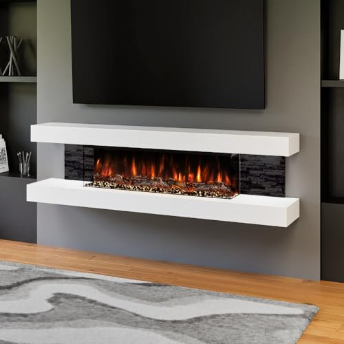Evolution Fires Vegas Wall Mounted Electric Fireplace 182cm/72” 1&2kW, 7-day Programmable Remote Control Fire with a White Mantel & Stone Side Tiles