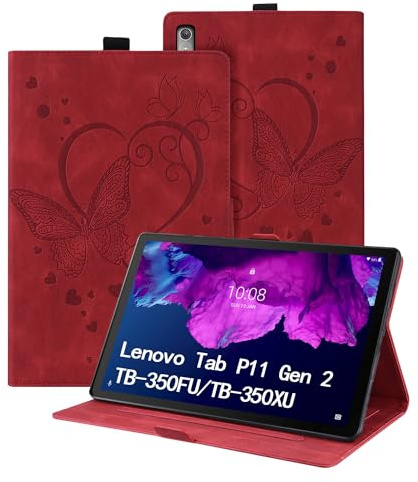 Auslbin Coque pour Lenovo Tab P11 (2nd Gen) 11.5 Pouces TB-350FU/TB-350XU 2022 Housse Papillon Modèle de Cuir PU avec Fonction Support Étui de Protection Tablette pour Lenovo Tab P11 (2nd Gen) - Rouge