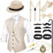 Set d’Accessoires de Costume Rétro pour Hommes des Années 1920, Gilet de Gangster Chapeau Fedora Bretelles (Beige, M)