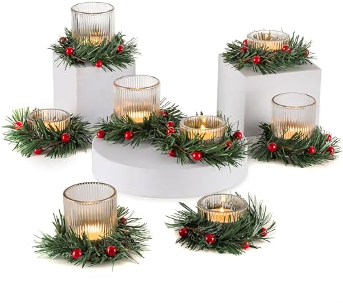 Romadedi Portavelas de Navidad: 8 portavelas con anillo de corona para centro de mesa, decoraciones de Navidad votivas para decoración del hogar, fiesta, comedor, boda, sala de estar, adornos de