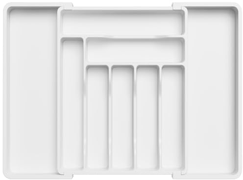 Lifewit Large Cutlery Drawer Organiser, Adjustable Kitchen Utensil Drawer Organiser, 9 Compartment, Cutlery Tray for Spoons Forks Knives,White