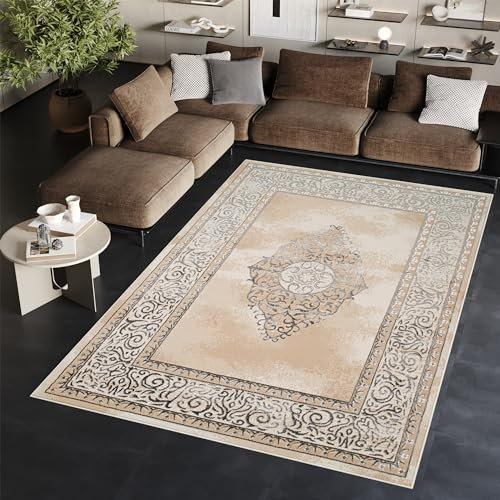 TAPISO Ares Teppich Kurzflor Glänzend Grau Beige Ornament Blumen Bordüre Rahmen Medaillion Klassisch 3D Effekt Wohnzimmer Schlafzimmer ÖKO-TEX 250 x 350 cm
