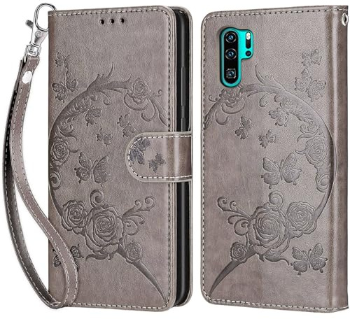 Handyhülle für Huawei P30 Pro Hülle, Grau Blumen | PU Leder Flip, Klappbar, Stoßfest, Magnetisch, Standfunktion, Kartenfächer, Retro Design, Handgelenkband
