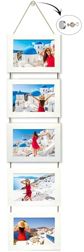 NEOWS Bilderrahmen Collage für Mehrere Bilder - Dekorative Bilderrahmenset zum Aufhängen an der Wand - Mehrfach Fotorahmen Hochformat mit Schnur für 10x15 Fotos (Weiß Gerissene, 5 Horizontale Fotos)