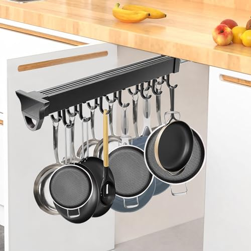 Organizador de ollas y sartenes extraíbles para gabinete, soporte telescópico deslizante para utensilios de cocina con gancho de doble fila, organizador de utensilios de cocina para olla de
