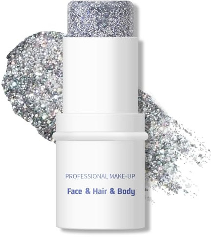 KYDA Body Glitter Stick, Chunky Glitter Gel for Face Body Hair, Sparkling Holographic Mermaid Sequins Paint, Waterproof Multiuse Makeup Glitter Gel, Silver