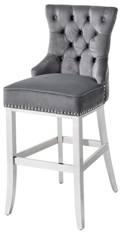Riess Ambiente Design Barhocker Castle Deluxe grau Samt Silber Edelstahl Chesterfield Barstuhl Tresenstuhl Küchenstuhl Samtstuhl hoher Stuhl Hocker