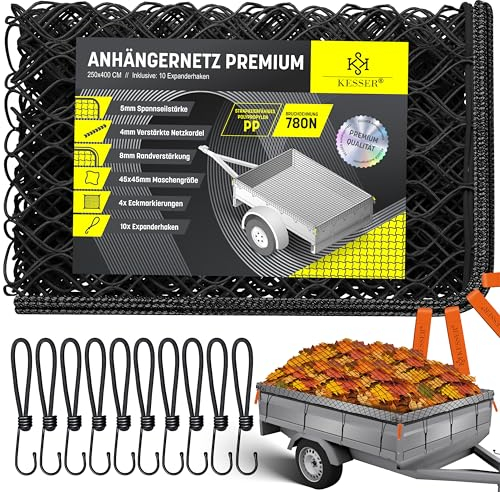KESSER® Anhängernetz 2,5x4m feinmaschig | Hängernetz mit Spannseil & Netzkordel | Containernetz für Ladungssicherung | Sicherungs-Netz Eckmarkierungen Expander-Haken & Befestigungsknöpfen Schwarz