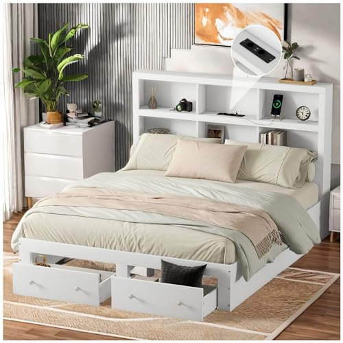 Racxily Doppelbett 160 x 200 cm, Kopfteil mit Stauraum, mit zwei Schubladen am Fußende des Bettes, Massivholz, King-Size, weiß