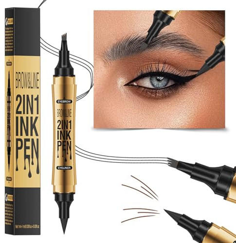 2 in 1 Microblading Augenbrauenstift & flüssiger Eyeliner Stift, Microblading Augenbrauenstift Tattoo Stift 4 Gabelspitze mit Eyeliner, Aussehender wasserfester Augenbrauenstift (03# Gray)