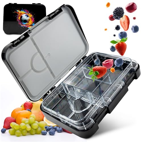 Boks184 Brotdose Kinder mit Fächern - Bento Box auslaufsicher - robust - BPA Frei Lunchbox - Brotbox für Schule, Kindergarten & Ausflüge - Snackbox -Vesperbox (Fussball schwarz)