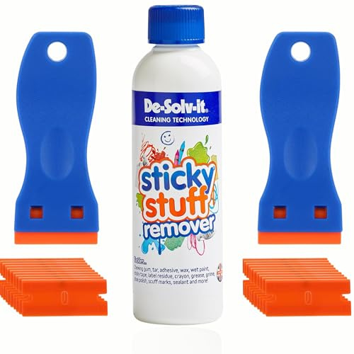 De Solv It Sticky Stuff Remover UK 250ml Sticky Label and Residue Remover with 2 Plastic Scrapers and 20 Spare Blades Powerful Glue Remover Solvent for Labels, Stickers and Adhesives on Glass and More