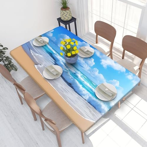 ASPOIJHN Tischdecke für Strand und Meer, rechteckig, elastische Kanten, 122 cm, quadratische Tischdecke für Partys, Festivals, Grillabende, drinnen und draußen