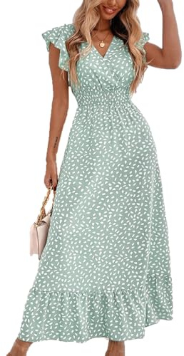 BSLVWG Damen Maxi Kleid Rüschen Blütenblatt Kurzarm V-Ausschnitt Floral Flowy Sommer Strand Urlaub Sundress Casual Langes Kleid