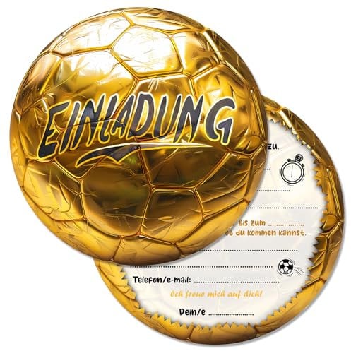 Vielucks® 15 x Fußball Einladungskarten Kindergeburtstag - Φ13.5cm - Original, Einladungskarten Geburtstag für Fußballbegeisterten Jungen und Mädchen, Coole Witzige Rund Fußball Einladung (Gold)