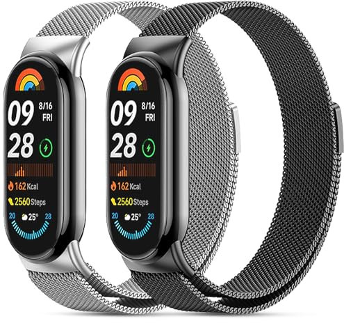 CHANRASI 2 Stück Ersatzarmband Kompatibel mit Xiaomi Mi Band 10/9/8 Damen Herren,Einstellbar Metall Armbänder aus Edelstahl für Xiaomi Mi Band 10/9/8 Schwarz Silber