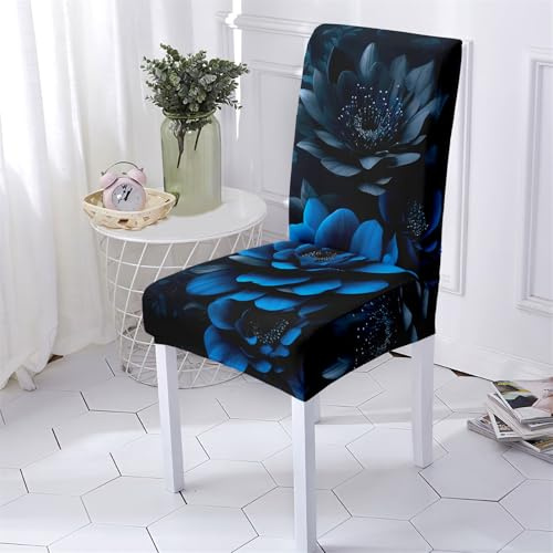 Hiseng Stuhlhussen, 3D Europäischer Blumenstil Stretch Universale Stuhlbezug, Abnehmbare Waschbar Hussen für Stühle, Stuhlbezüge für Hotel, Restaurant, Küche, Partys Deko (4 Stücke,Dunkelblau)