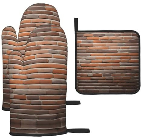 Manoplas de horno y agarraderas industriales con fondo de pared de ladrillo, guantes y soportes para cocinar y hornear (juego de 3 piezas)
