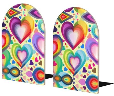 1 paire de serre-livres en bois en forme de cœurs aux couleurs de l'arc-en-ciel, serre-livres pour étagères, serre-livres robustes pour bureau, maison