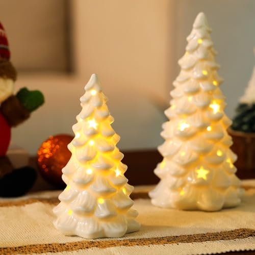 HOMCDALY Albero di Natale in ceramica, 2 pezzi, bianco piccolo albero di Natale con luci, mini albero di Natale per decorazioni natalizie, statuette per albero di Natale da tavolo, decorazioni