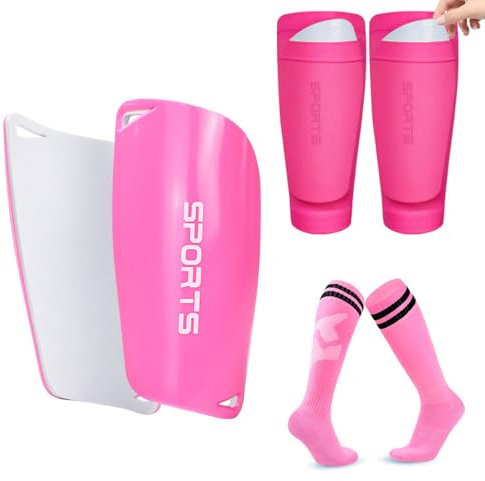 FDEETY Fußball Schienbeinschoner Einschließlich Strumpf mit Einstecktasche und Anti-RausRutsch Deckel Fußball-Socken für Kinder Erwachsene Jungen Mädchen 3 Sets Rosa Kind
