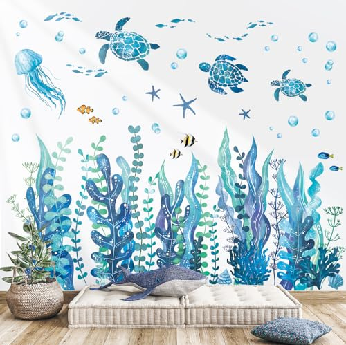 DECOWALL DS12-8084 Wandtattoos Seegras und Meerestieren blau bunte Fische Schildkröte Ozean Quallen Wandaufkleber Baby Kinderzimmer Kinder Schlafzimmer abnehmbare abziehen und aufkleben tropischen