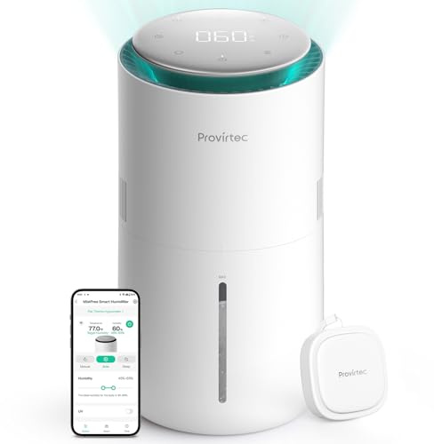 Provirtec MistFree Smart Luftbefeuchter für Schlafzimmer, Verdunstungsbefeuchter Kein Weißstaub, Auto Luftfeuchtigkeit & APP-Steuerung, 3L Wassertank Leicht zu reinigen, Schlafmodus, Timing,