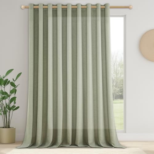 CUTEWIND Extra Breite Gardinen Leinen Salbeigrün Halbtransparent für Große Fenster, 240 cm Lang, 300 cm Breit, 1 Stück Landhaus Gardine Wohnzimmer Vorhänge mit Ösen Vorhang Leinenoptik