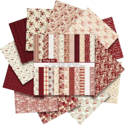 24 Sheet Scrapbook Paper, 12x12 Inch Double Sided Paper, Vintage Red | Floral Pastoral Design, 24 Patterns, 160gsm Paper, for Scrapbooking, Junk Journaling, Card Making, Paper Craft Supplies