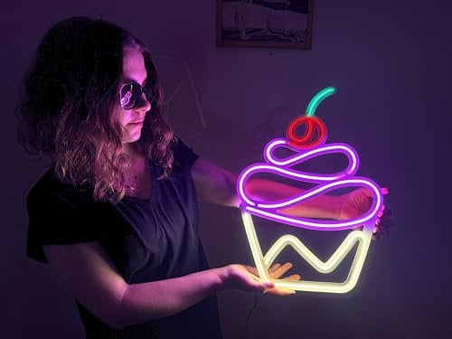 Cupcake Neon Sign, Neon Metal Wall Art - Sweet LED Decor for Kitchen or Bakery (Without Remote Control)