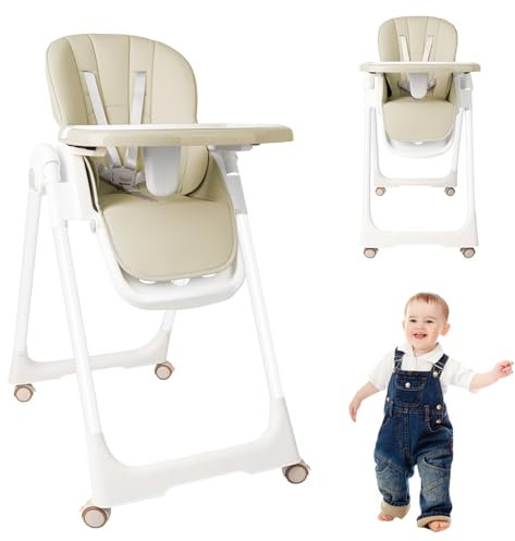 XINZI Hochstuhl für Babys und Kleinkinder, Klappbarer Kinderhochstuhl mit Verstellbarem Tablett, Liegefunktion und Sicherheitsgurt, Höhenverstellbar und Tragbar, Beige