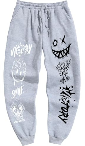 ZAFUL Herren-Sweathose, konisch, für Fitnessstudio, Laufen, Workout, Cartoon-Gesicht, athletischer Kordelzug, Jogginghose mit Taschen, 1-graues Smiley-Gesicht, Groß